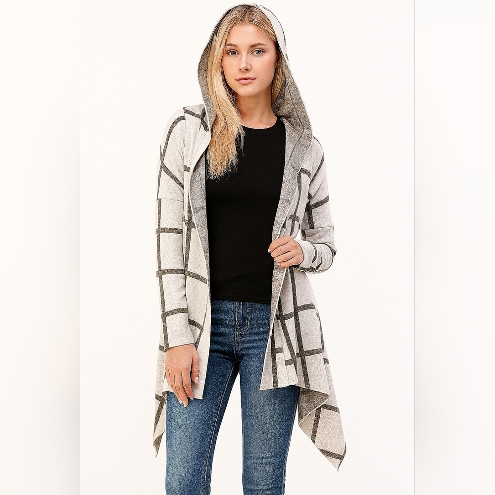 Geometric print fine knit hooded duster